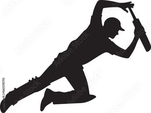 Silhouette of a cricket player in action, batting with a bat