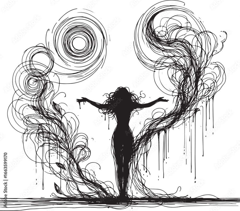 Fototapeta premium Artistic illustration of a woman with outstretched arms, surrounded by swirling lines and organic