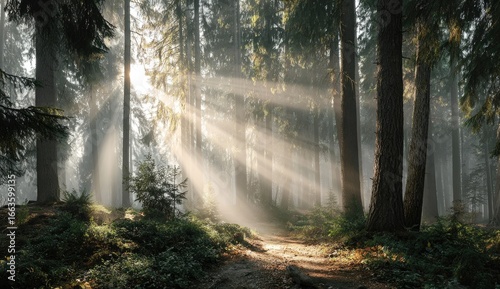 Sunbeams pierce a misty forest path