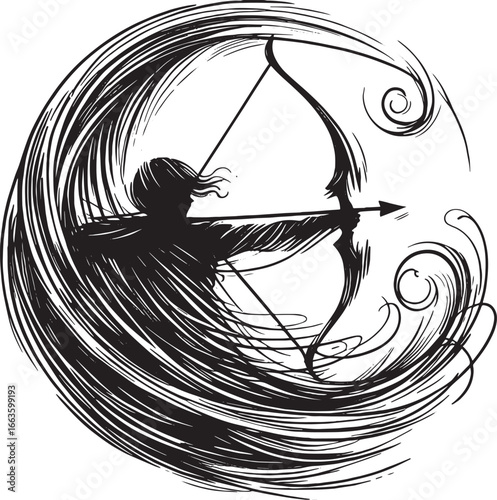 Silhouette of Archer Aiming with Bow and Arrow Inside a Swirling Artistic Circle Design