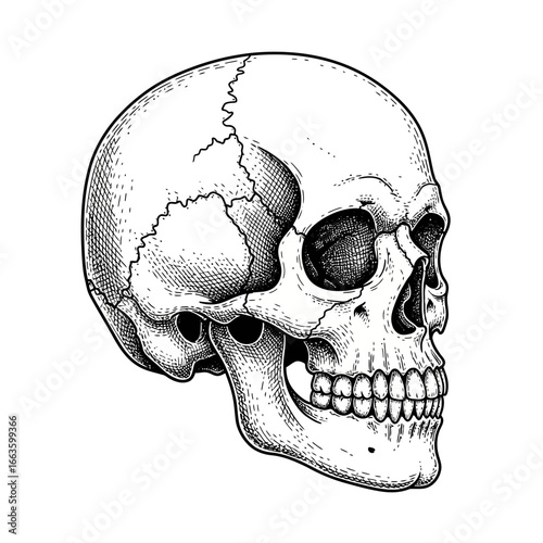 Detailed Engraved Human Skull Illustration with Visible Cranial Sutures and Teeth.