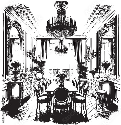 Elegant Dining Room Illustration with Chandeliers, Mirrors, and Ornate Architectural Details