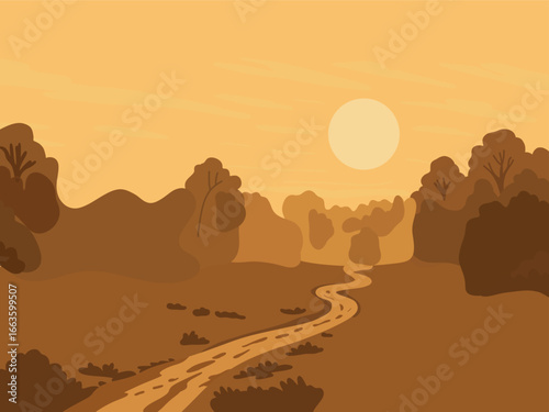 Illustrated Landscape with Road at Sunset