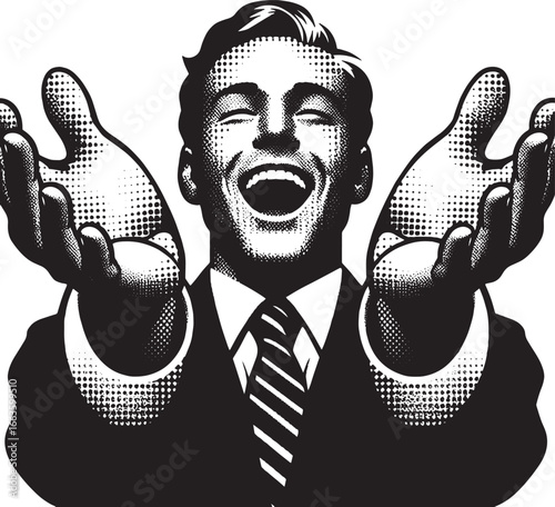 Excited Businessman Celebrating Success with Open Arms in a Black and White Illustration