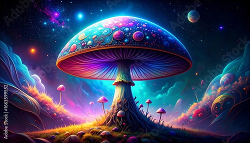 A luminous fantasy landscape featuring surreal, bioluminescent mushrooms under a celestial sky