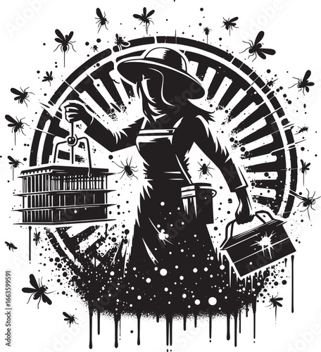 Conceptual illustration of a woman fighting insects and using a trap to eliminate pests