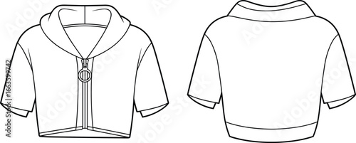 CAD drawing flat vector illustration of short sleeve hoodie, zipper closure, casual garment layout, front back views, fashion design sketch