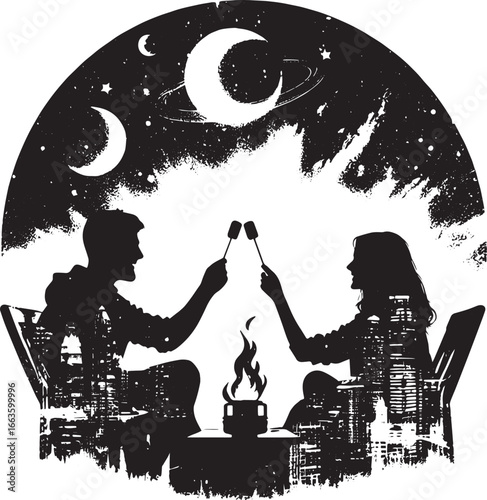 Silhouette of a couple roasting marshmallows over a campfire under a starry night sky