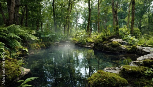 Tranquil forest pool bathed in morning mist. Lush greenery surrounds a still pool of water, reflecting the trees and mist