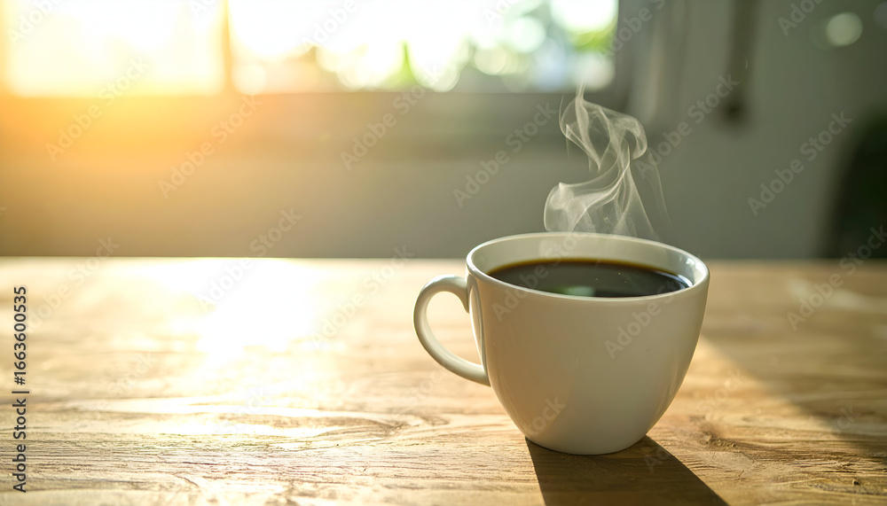 Fototapeta premium Morning Coffee Sunlight Steam Wooden Table