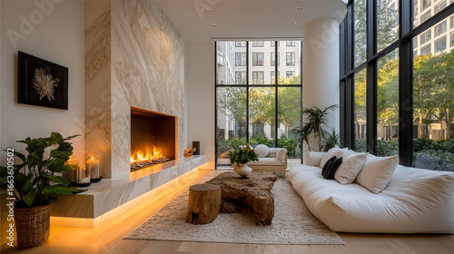 Fototapeta Naklejka Na Ścianę i Meble -  Minimalist living room interior with modern fireplace and white walls. Interior mockup, 3d render