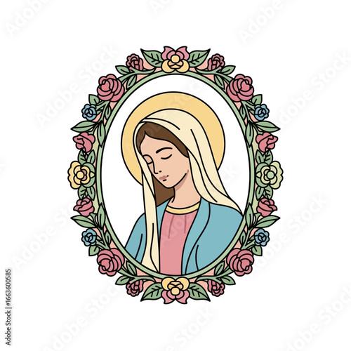 Elegant Illustration of the Virgin Mary with a Halo and Floral Frame.