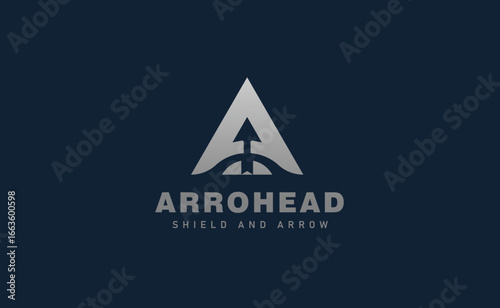 Metallic silver letter A logo design shaped like an arrowhead with an integrated upward arrow and shield element.