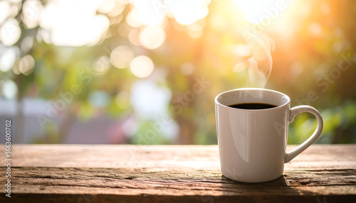 Steaming Coffee Mug on Wooden Table with Sunny Background