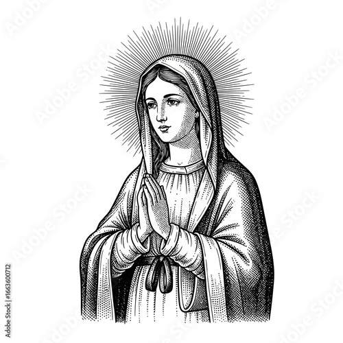 Engraved Illustration of the Virgin Mary in Prayer with Radiant Halo.
