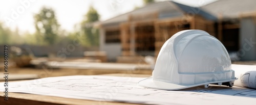The white hard hat resting on construction plans at a busy job site.