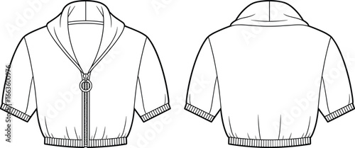 CAD drawing flat vector illustration of short sleeve hoodie, zipper front, pocket detail, casual stylish outerwear garment layout, fashion sketch