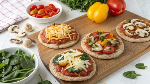 Delicious mini pizzas on whole wheat pita served with fresh vegetables and toppings for a healthy snack