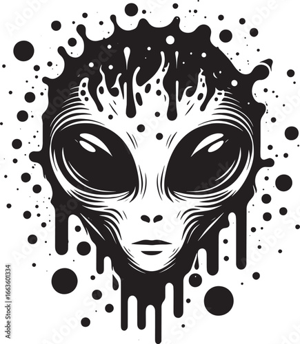 Intriguing black and white illustration of an alien face with cosmic design details