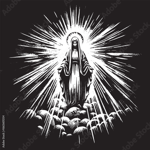 Artistic Black and White Illustration of the Virgin Mary Surrounded by Light Rays