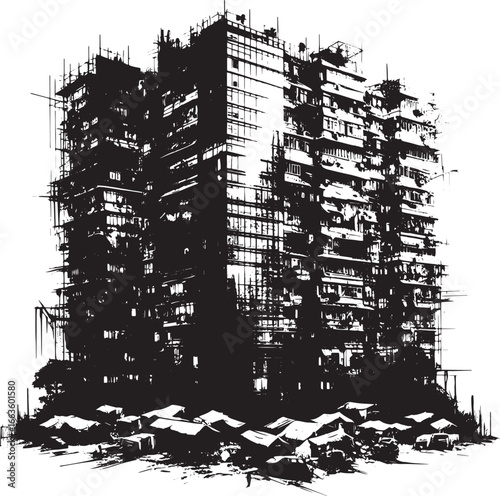 Black and White Artistic Depiction of a Damaged Building with Debris and Scaffolding