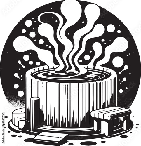 Vector Illustration of a Hot Tub with Splashing Water and Steam in Black and White