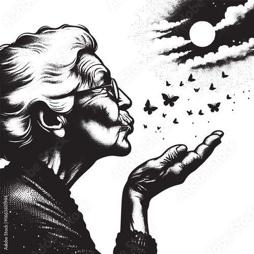 An elderly woman blows butterflies into the night sky in a serene black and white illustration