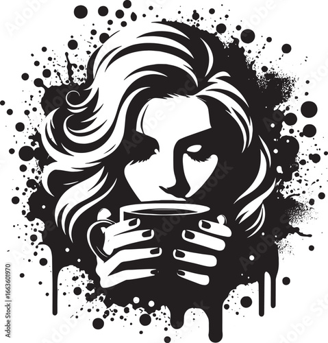 Stylish black and white illustration of a woman enjoying a cup of coffee or tea in a unique design