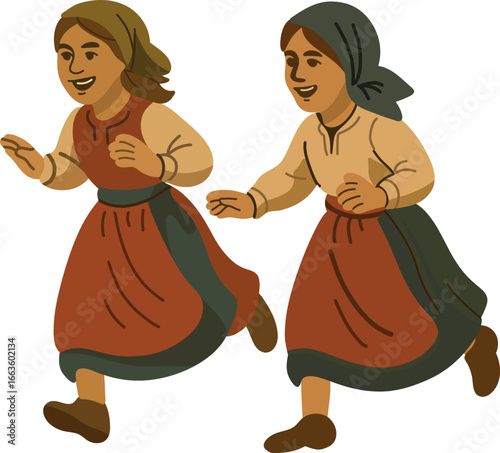 Two Women Running in Peasant Clothing