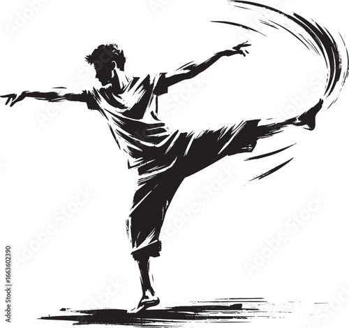 Dynamic brushstroke illustration of a poised man balancing in a