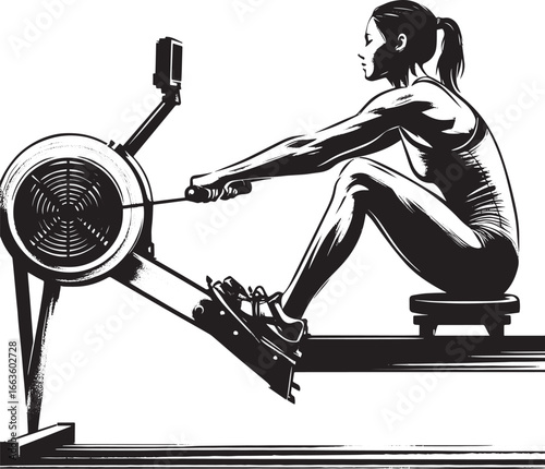 Sumi-e rowing machine artwork illustrating fitness routine and j