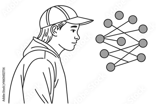 A curious young individual contemplates a complex network, possibly exploring interconnected concepts.  A thought-provoking illustration of intellect and problem-solving.