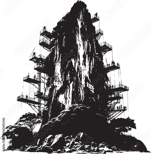 Black and white illustration of a mountain with observation decks and people, adventure tourism