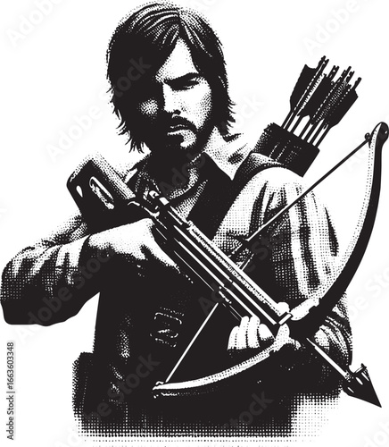 Artistic illustration of a man holding a crossbow and arrows, black and white style