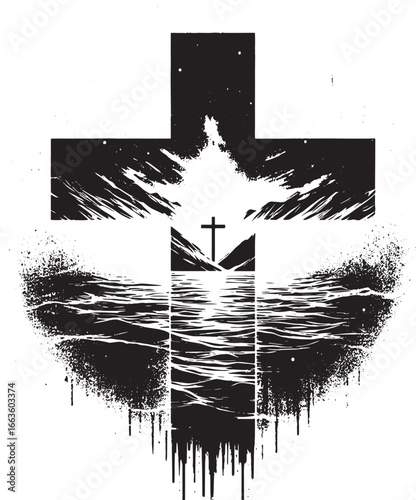 Abstract Black and White Illustration Depicting a Cross Symbol with Scenic Elements