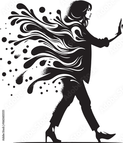 Silhouette of a woman walking with abstract ink splatters, modern art illustration design