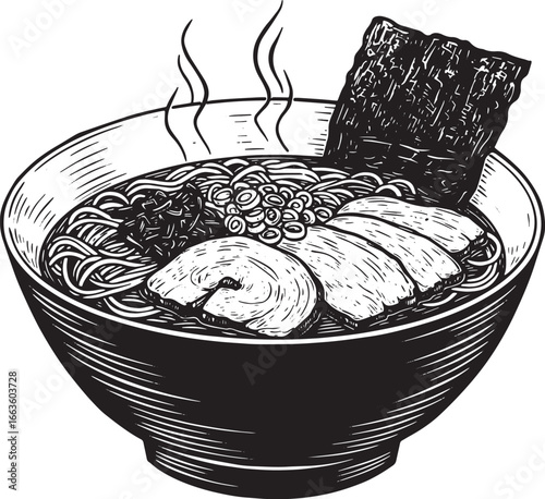 Delicious ramen bowl with nori and pork in a woodcut style drawi