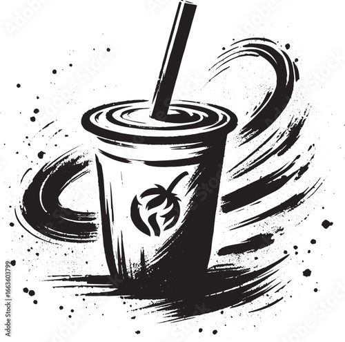 Elegant Sumi-e Style Taro Milk Tea Illustration with Brush Strok