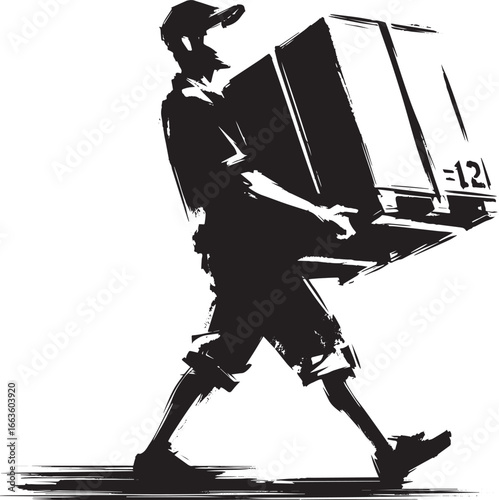 Sumi-e illustration: Man carrying heavy package with brush strok