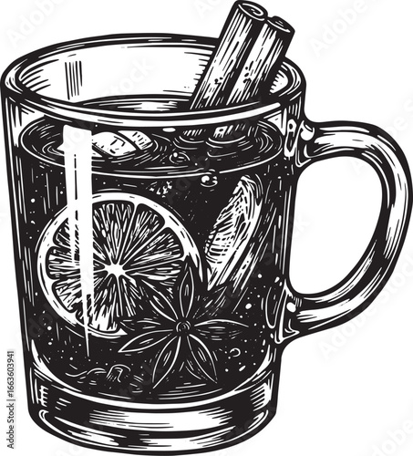 Detailed woodcut illustration of a mulled wine drink with orange