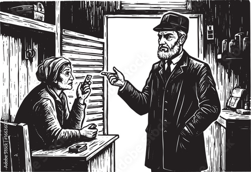 Vintage monochrome linocut depicting the tension of financial ha