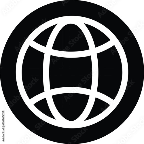 Black and white symbol of the globe within a circle. A clean and simple design representing global connection and the internet.