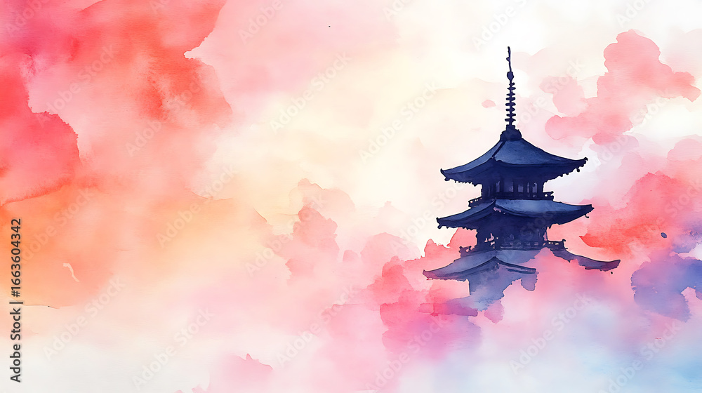 Watercolor painting of traditional Japanese pagoda silhouette against colorful sky with pink, orange, and purple hues, creating serene and artistic atmosphere Watercolor painting of traditional Japanese pagoda silhouette against colorful sky with pink, orange, and purple hues, creating serene and artistic atmosphere