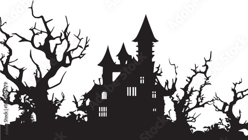 Halloween haunted house silhouette illustration vector spooky scary mansion trees night dark creepy design art
