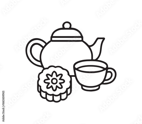 Simple line art illustration of a teapot cup and pastry for a cozy tea time