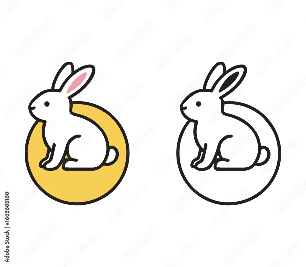Fototapeta premium Cute cartoon white rabbit sitting inside a circle on a yellow and black background