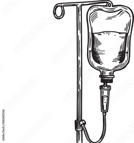 Monochrome sketch illustration of intravenous drip for medical t