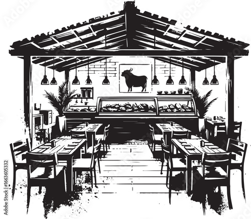 Restaurant Interior Sketch with Tables, Chairs, Display Case, Lights, and Bull Artwork Illustration