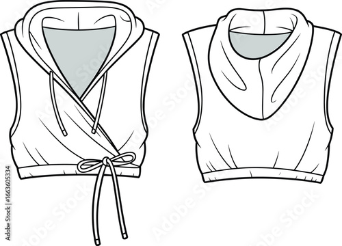 CAD drawing flat vector illustration of sleeveless cropped hoodies, wrap design, pullover style, stylish fashion layout, front back views