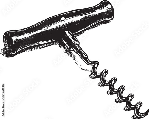 Detailed woodcut rendering of a classic corkscrew isolated on br